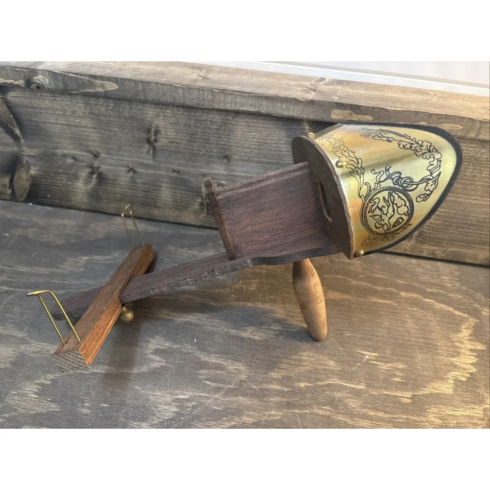 Antique Victorian Wooden Stereoscope Viewer Etched Brass Hood Cherub Motif